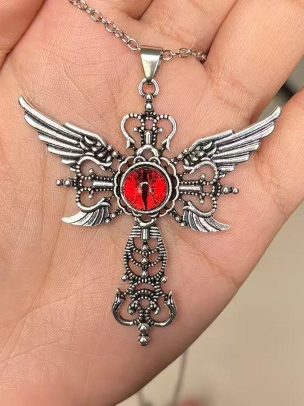 Vintage Gothic Winged Cross Necklace | Red Evil Eye Pendant
